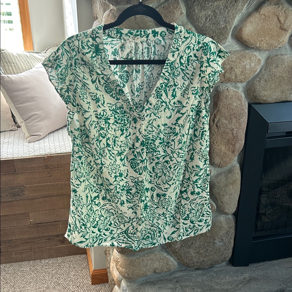 Christian Siriano Green and Cream Floral Blouse